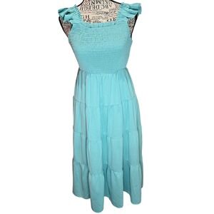 Grace Karin Girls 12Y Aqua Blue Smocked Tiered Maxi Dress Sleeveless Tie Back